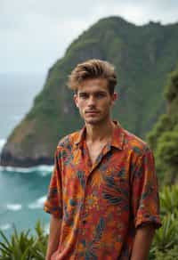 sharp and trendy man in Bali wearing vibrant Batik clothes, Bali, Indonesia in the background