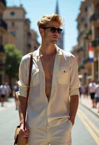 sharp and trendy man in Barcelona wearing a stylish summer outfit, La Sagrada Família in the background