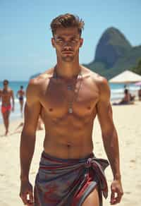 sharp and trendy man in Rio de Janeiro wearing a trendy swimsuit and sarong, Copacabana Beach in the background