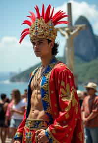 sharp and trendy man in Rio de Janeiro wearing a vibrant carnival-inspired costume, Christ the Redeemer statue in the background