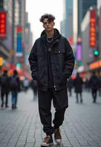 sharp and trendy man in Shanghai wearing a contemporary streetwear outfit, Nanjing Road in the background