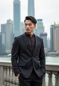 sharp and trendy man in Shanghai wearing a traditional qipao/mandarin-collar suit, modern skyline in the background