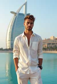 sharp and trendy man in Dubai wearing a stylish sundress/linen shirt, the Atlantis hotel in the background