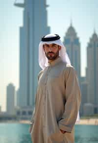 sharp and trendy man in Dubai wearing a modern, chic abaya/thobe, skyscrapers of Dubai in the background