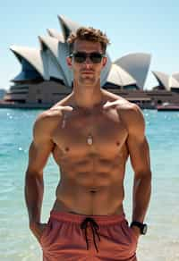 sharp and trendy man in Sydney wearing a surf-inspired outfit, Sydney Opera House in the background