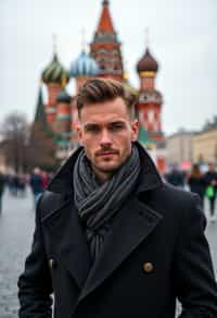 sharp and trendy man in Moscow wearing a stylish coat and scarf, Saint Basil's Cathedral in the background