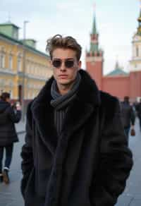 sharp and trendy man in Moscow wearing a faux fur coat, Kremlin in the background