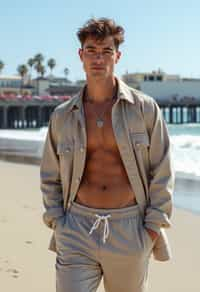 sharp and trendy man in Los Angeles wearing a trendy beach outfit, Santa Monica pier in the background