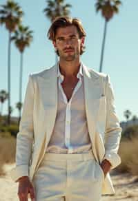 sharp and trendy man in Los Angeles wearing a summer dress/linen suit, palm trees in the background