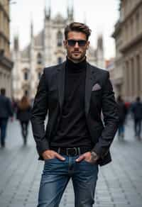 sharp and trendy man in Milan wearing a fashionable blazer and jeans, Duomo di Milano in the background