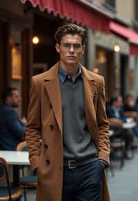 sharp and trendy man in Milan wearing high fashion attire in front of a classic Italian café