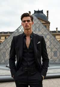 sharp and trendy man in Paris wearing a chic black dress/suit, Louvre pyramid in the background