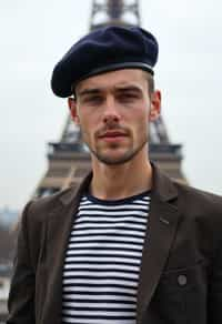 sharp and trendy man in Paris, wearing a beret and striped top, Eiffel Tower in the background