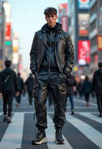 sharp and trendy man in Tokyo wearing a futuristic outfit, Shibuya crossing in the background