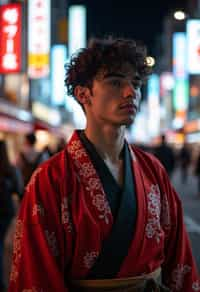 sharp and trendy man in Tokyo wearing a modern take on a traditional kimono, neon lights of the city in the background