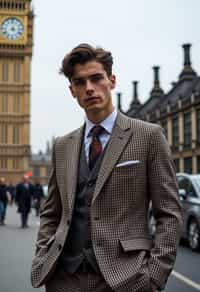 sharp and trendy man in London wearing a checkered suit, Big Ben in the background