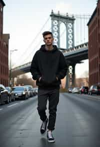 sharp and trendy man in New York City wearing an oversized sweatshirt and high top sneakers, Brooklyn Bridge in the background