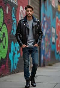 sharp and trendy man in New York City wearing a leather jacket, jeans, and boots with urban graffiti in the background