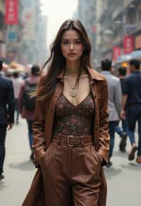 stylish and chic  woman in Mumbai wearing a contemporary fusion outfit, bustling streets of Mumbai in the background