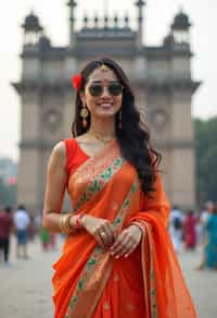 stylish and chic  woman in Mumbai wearing a vibrant saree/kurta, Gateway of India in the background