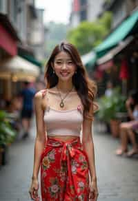 stylish and chic  woman in Thailand wearing a vibrant sarong, Bangkok in the background