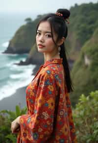 stylish and chic  woman in Bali wearing vibrant Batik clothes, Bali, Indonesia in the background