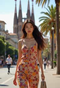 stylish and chic  woman in Barcelona wearing a stylish summer outfit, La Sagrada Família in the background