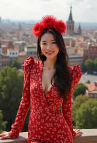 stylish and chic  woman in Barcelona wearing a flamenco-inspired dress/suit, Park Güell in the background