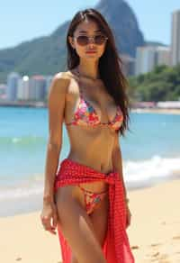 stylish and chic  woman in Rio de Janeiro wearing a trendy swimsuit and sarong, Copacabana Beach in the background