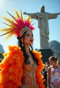 stylish and chic  woman in Rio de Janeiro wearing a vibrant carnival-inspired costume, Christ the Redeemer statue in the background