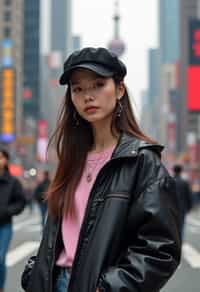 stylish and chic  woman in Shanghai wearing a contemporary streetwear outfit, Nanjing Road in the background