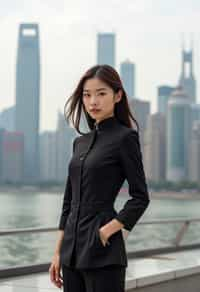 stylish and chic  woman in Shanghai wearing a traditional qipao/mandarin-collar suit, modern skyline in the background