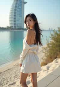 stylish and chic  woman in Dubai wearing a stylish sundress/linen shirt, the Atlantis hotel in the background