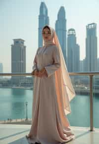 stylish and chic  woman in Dubai wearing a modern, chic abaya/thobe, skyscrapers of Dubai in the background