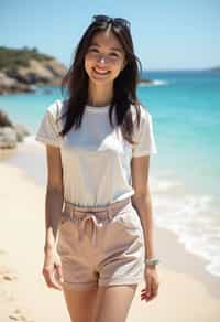 stylish and chic  woman in Sydney wearing a summer dress/shorts and t-shirt, Bondi Beach in the background