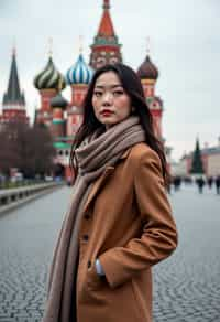 stylish and chic  woman in Moscow wearing a stylish coat and scarf, Saint Basil's Cathedral in the background