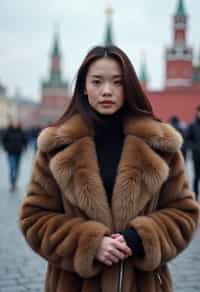 stylish and chic  woman in Moscow wearing a faux fur coat, Kremlin in the background