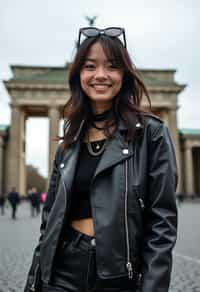 stylish and chic  woman in Berlin wearing a punk-inspired outfit, Brandenburg Gate in the background