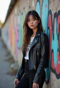 stylish and chic  woman in Berlin wearing a grunge-inspired outfit, Berlin Wall in the background