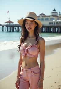 stylish and chic  woman in Los Angeles wearing a trendy beach outfit, Santa Monica pier in the background