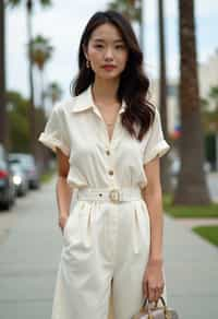 stylish and chic  woman in Los Angeles wearing a summer dress/linen suit, palm trees in the background