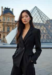 stylish and chic  woman in Paris wearing a chic black dress/suit, Louvre pyramid in the background