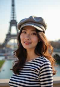 stylish and chic  woman in Paris, wearing a beret and striped top, Eiffel Tower in the background