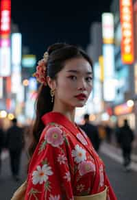 stylish and chic  woman in Tokyo wearing a modern take on a traditional kimono, neon lights of the city in the background