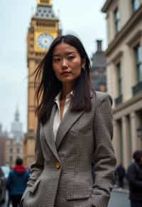 stylish and chic  woman in London wearing a checkered suit, Big Ben in the background