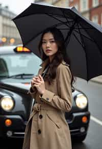 stylish and chic  woman in London sporting a trench coat and holding an umbrella, iconic London cab in the background