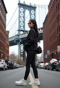 stylish and chic  woman in New York City wearing an oversized sweatshirt and high top sneakers, Brooklyn Bridge in the background