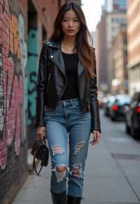 stylish and chic  woman in New York City wearing a leather jacket, jeans, and boots with urban graffiti in the background