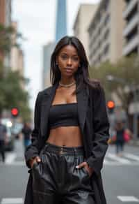 stylish and chic  woman in Buenos Aires wearing a modern street style outfit, Obelisco de Buenos Aires in the background