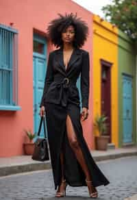 stylish and chic  woman in Buenos Aires wearing a tango-inspired dress/suit, colorful houses of La Boca neighborhood in the background